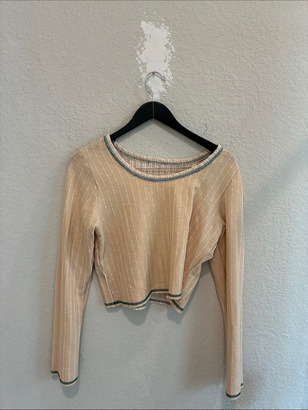 EARTHBOUND Beige Ribbed Long Sleeve Crop Top with Green Trim